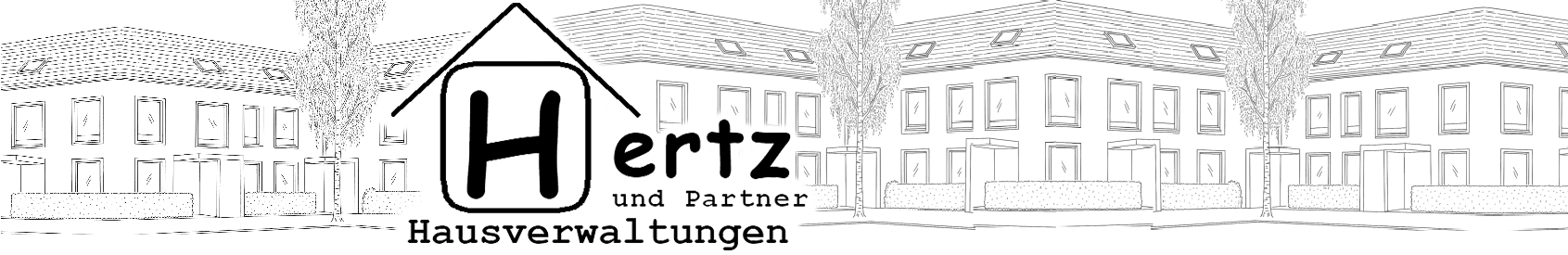 Hertz und Partner Logo mit stilisierten Reihenhäusern - Strichzeichnung